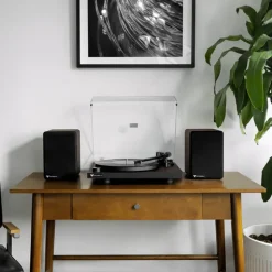 Victrola Premiere T1 Bluetooth Wireless Record Player with Bookshelf Monitors (Black/Wood Grain)