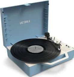 Victrola Re-Spin Dual Bluetooth Sustainable Suitcase Record Player (Light Blue)
